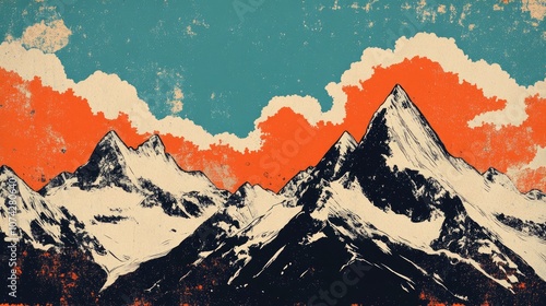 Retro illustration of snow capped mountains with clouds Mountain peaks rising above the scenery Ideal for coloring