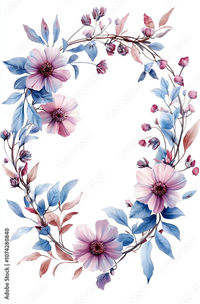 Obraz premium Floral frame with leaves and flowers, white background, soft pastel colors, digital illustration, flat design style