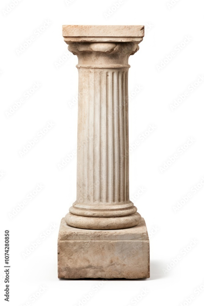 A small architectural antique stone pillar column with pedestal architecture white background courthouse.