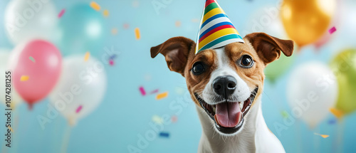 Happy dog wearing a party hat, celebrating with colorful balloons and confetti, embodying joy and festivity. photo