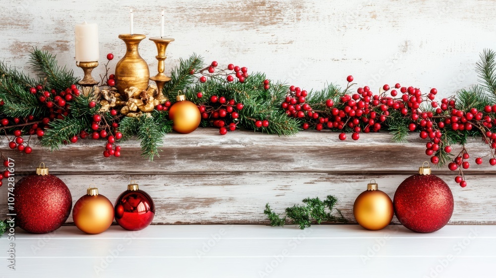 Festive holiday decorations with ornaments and greenery for Christmas. Festive holiday decorations with ornaments and greenery for Christmas.