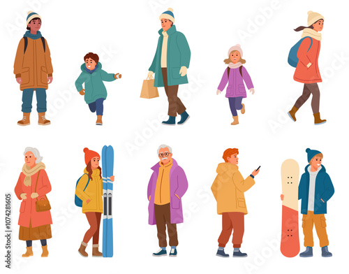 Vector illustration in flat style depicts eight people dressed in winter clothing.