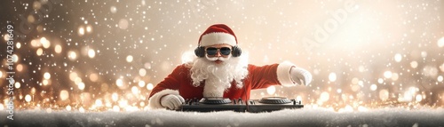 Festive Santa DJ mixing at a vibrant holiday party. photo