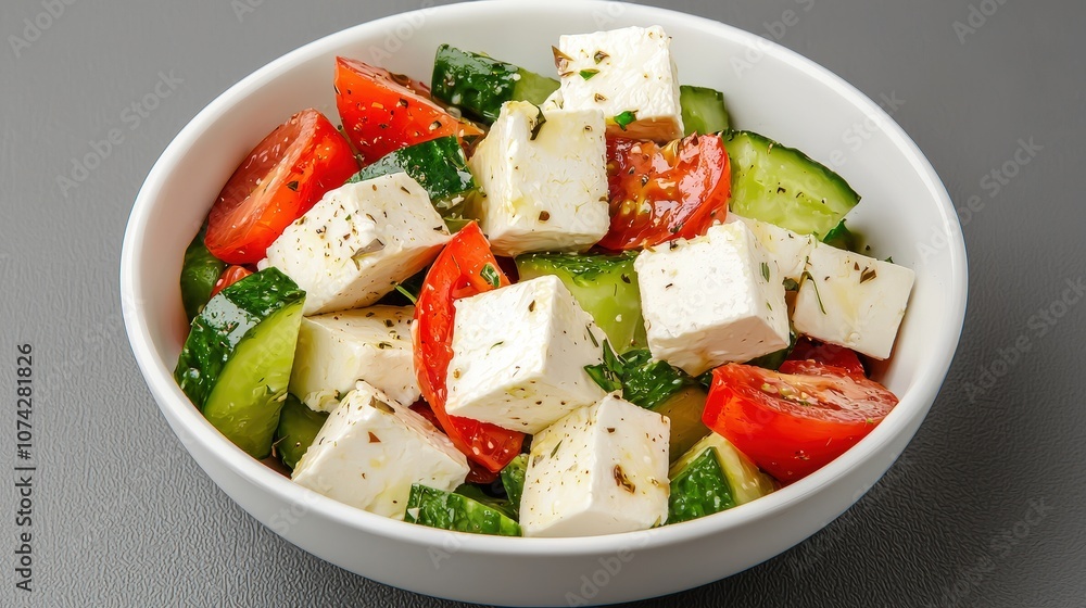 Fresh Greek Salad with Feta Cheese Tomatoes and Cucumbers in White Bowl Fresh Greek Salad with Feta Cheese Tomatoes and Cucumbers in White Bowl