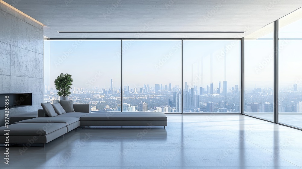 Fototapeta premium Modern minimalist living room with panoramic city view showcasing sleek furniture, large windows, and serene ambiance for contemporary lifestyle enthusiasts