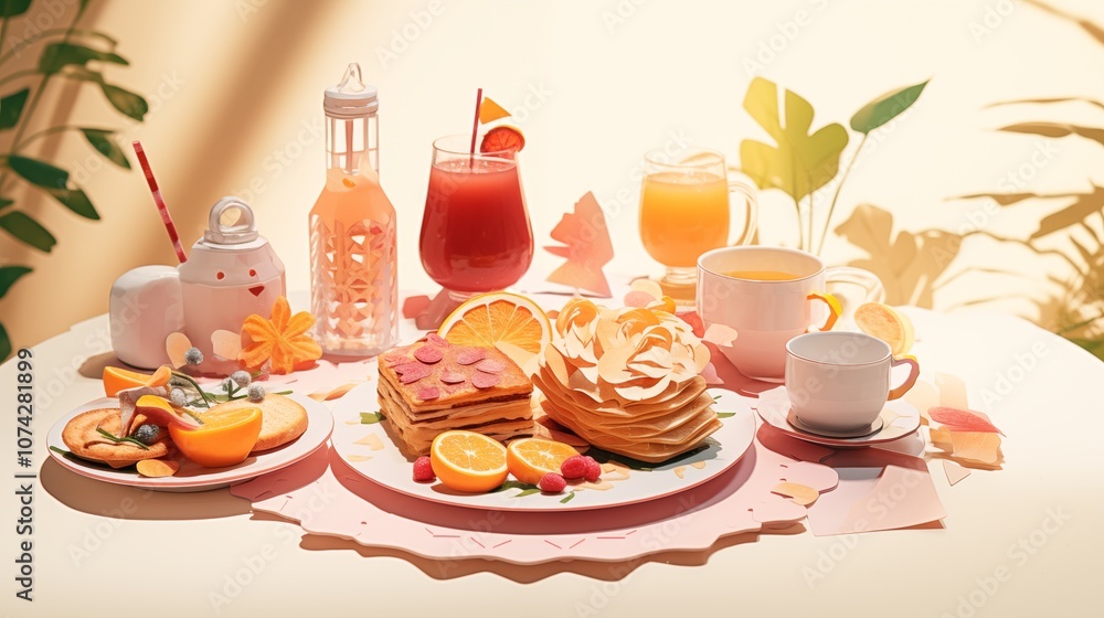 Paper cut of a New Years Day brunch table with bread,generative ai illustration Paper cut of a New Years Day brunch table with bread,generative ai illustration