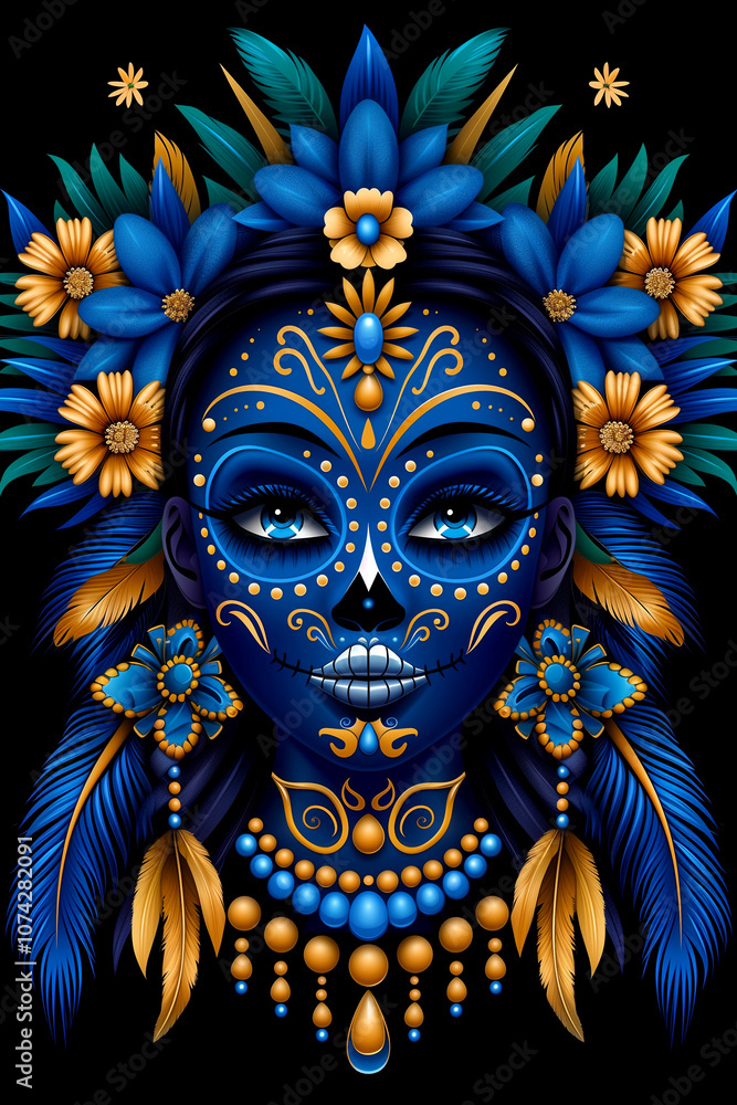 A woman with a blue face and gold flowers on her head. The woman is wearing a blue dress and gold jewelry A woman with a blue face and gold flowers on her head. The woman is wearing a blue dress and gold jewelry