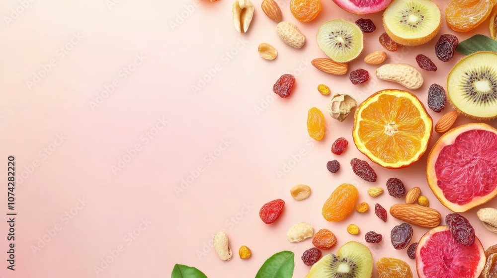 Mixed dried fruit and nuts background in a flat lay style,Space for add text Mixed dried fruit and nuts background in a flat lay style,Space for add text