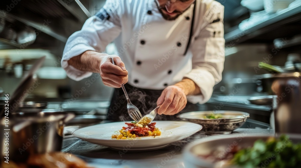 Chef Plating a Gourmet Dish in a Restaurant Kitchen Chef Plating a Gourmet Dish in a Restaurant Kitchen