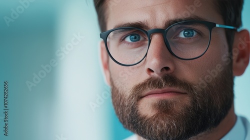 A close-up of a serious man with glasses and a beard, emphasizing his thoughtful expression and striking blue eyes against a softly blurred background.