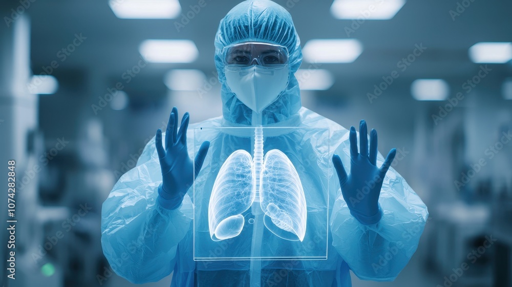 A healthcare professional in protective gear studies a 3D representation of human lungs in a clinical setting, highlighting advances in medical imaging technology. A healthcare professional in protective gear studies a 3D representation of human lungs in a clinical setting, highlighting advances in medical imaging technology.