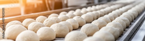 Freshly made dough balls lined up in a bakery production area.