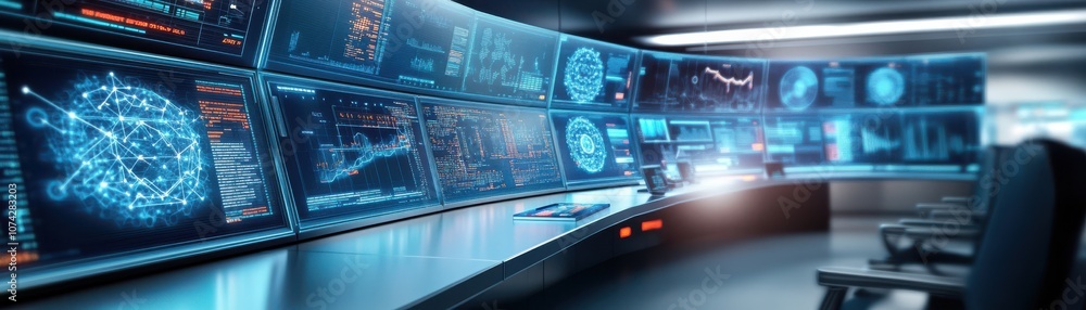 Futuristic control room with advanced digital interfaces. Futuristic control room with advanced digital interfaces.