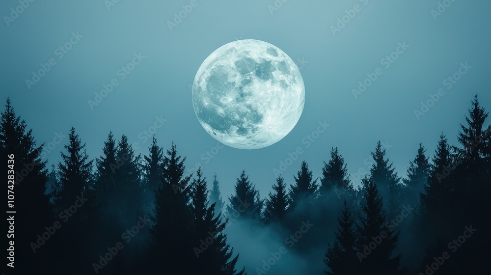 Full Moon Over Misty Forest Night Landscape Dark Trees Blue Sky Celestial Full Moon Over Misty Forest Night Landscape Dark Trees Blue Sky Celestial