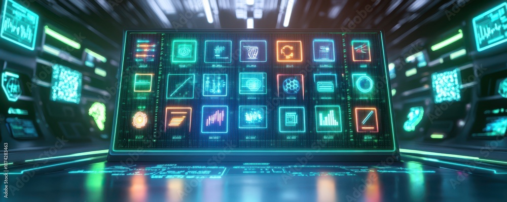 Obraz premium Futuristic interface displaying various data and analytics icons.