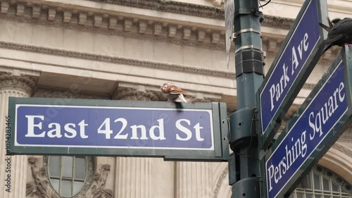 New York City Grand Central Terminal, 42 street, Park Avenue, Pershing Square architecture. Midtown district railroad hub, railway transport. NYC crossroad, East 42nd st corner, intersection road sign