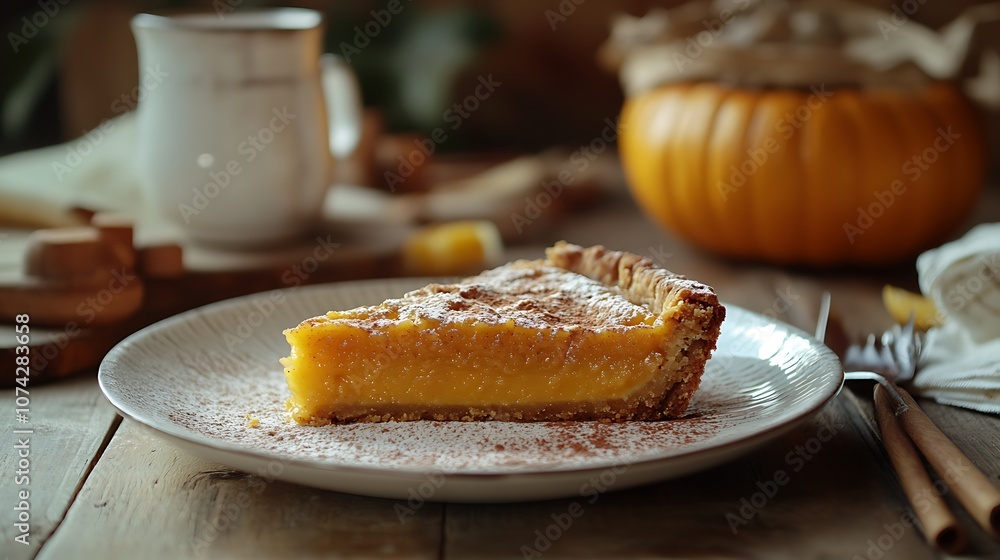 A Slice of Pumpkin Pie with Powdered Sugar and Cinnamon A Slice of Pumpkin Pie with Powdered Sugar and Cinnamon