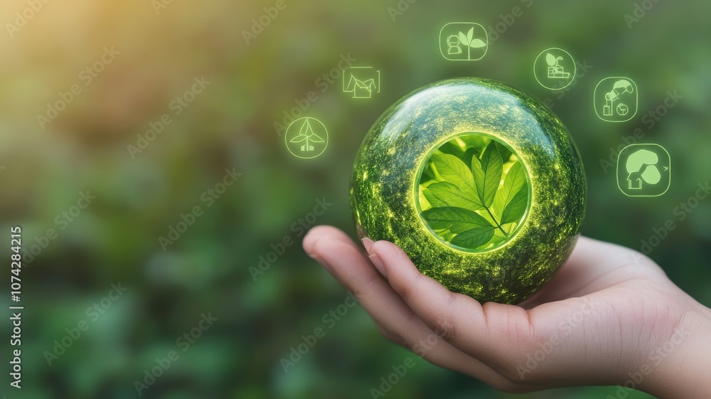 Hand holding a green globe symbolizing eco-friendly initiatives. Hand holding a green globe symbolizing eco-friendly initiatives.