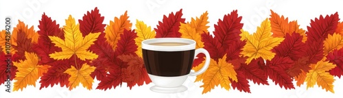 A Beautiful Autumn Scene Featuring a Steaming Cup of Coffee Surrounded by Vibrant Red and Yellow Leaves, Perfect for Seasonal Imagery or Cozy Themes