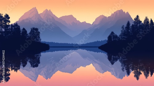 A serene lake with a mountain range in the background, with a silhouette of trees on the shore, and the sunset reflecting on the water.