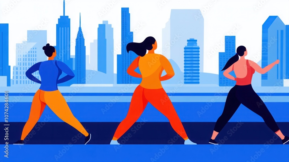 Obraz premium Vibrant Outdoor Community Exercise Class with in Urban Landscape, Showcasing Diverse Women Engaging in Physical Activity and Enjoying Nature