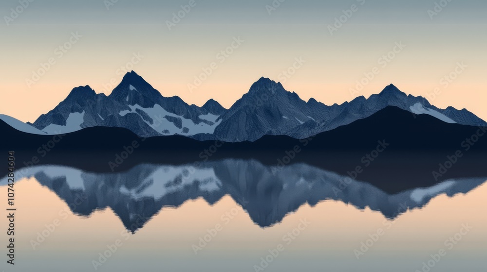 A serene landscape with a reflection of snow-capped mountains in a still lake at sunset. A serene landscape with a reflection of snow-capped mountains in a still lake at sunset.