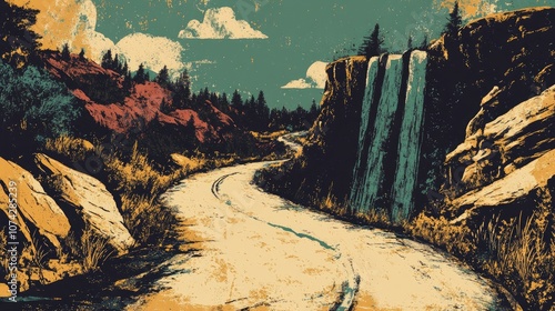 Retro illustration of small waterfalls along a winding road