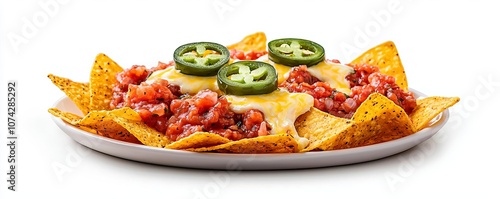 A delicious plate of nachos topped with melted cheese, fresh salsa, and jalapenos. Perfect for parties, gatherings, or a tasty snack.