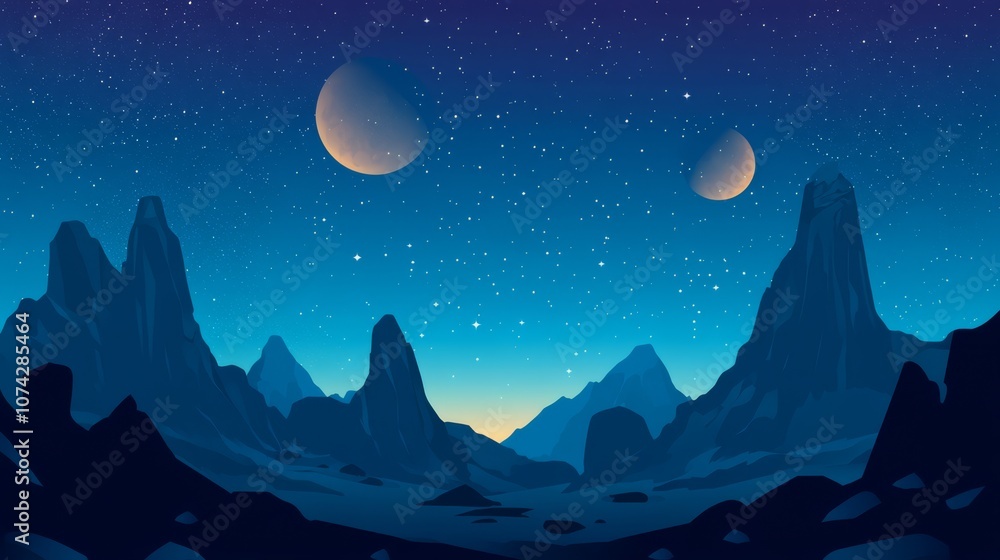 A serene night sky with two moons shining brightly over a vast, mountainous landscape. A serene night sky with two moons shining brightly over a vast, mountainous landscape.