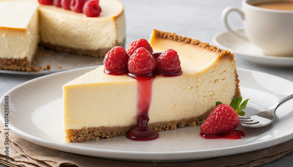 A slice of classic cheesecake topped with melted strawberries. Suitable for marketing or business purposes. Panoramic banner with place for text A slice of classic cheesecake topped with melted strawberries. Suitable for marketing or business purposes. Panoramic banner with place for text