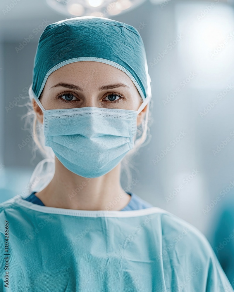 Focused face of surgeon wearing mask and cap during procedure, showcasing concentration and professionalism in medical environment Focused face of surgeon wearing mask and cap during procedure, showcasing concentration and professionalism in medical environment