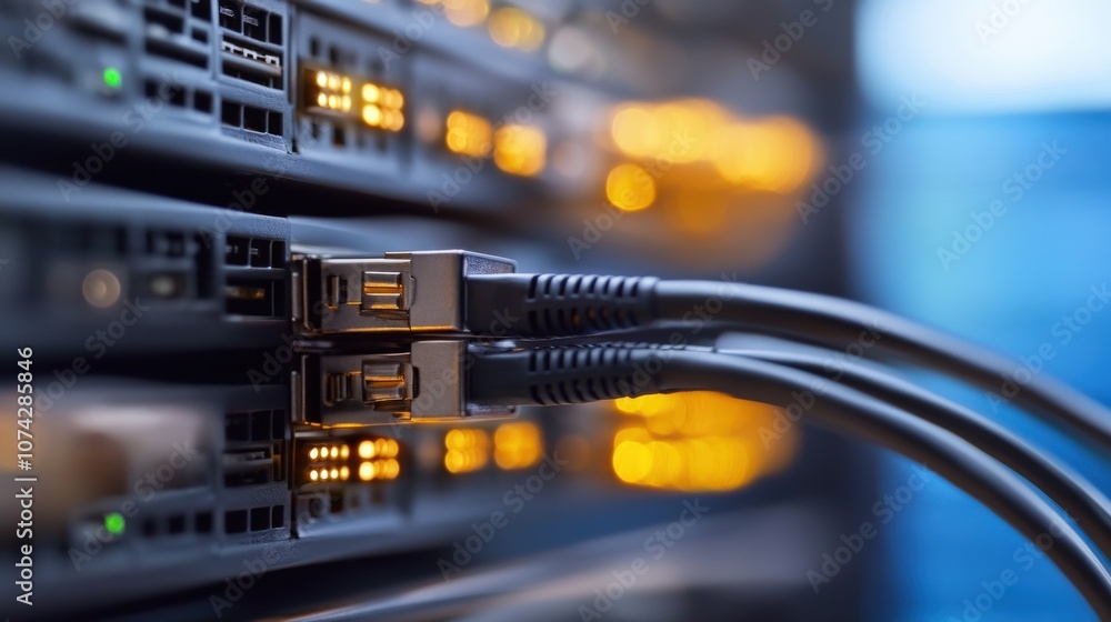 Close-Up of Data Center Equipment with Illuminated Network Port Lights and USB Connections for Technology and IT Infrastructure Use Close-Up of Data Center Equipment with Illuminated Network Port Lights and USB Connections for Technology and IT Infrastructure Use