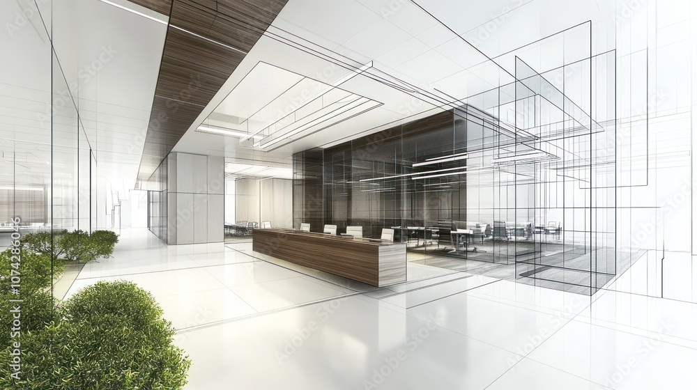 Modern office interior with sleek design and open layout, featuring greenery. Modern office interior with sleek design and open layout, featuring greenery.