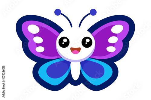 A cute butterfly die-cut sticker, digital drawing. The butterfly has a cheerful expression, with large round eyes and a small smile. The wings are vibrant with colorful patterns in shades of blue, pur