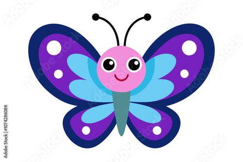 A cute butterfly die-cut sticker, digital drawing. The butterfly has a cheerful expression, with large round eyes and a small smile. The wings are vibrant with colorful patterns in shades of blue, pur