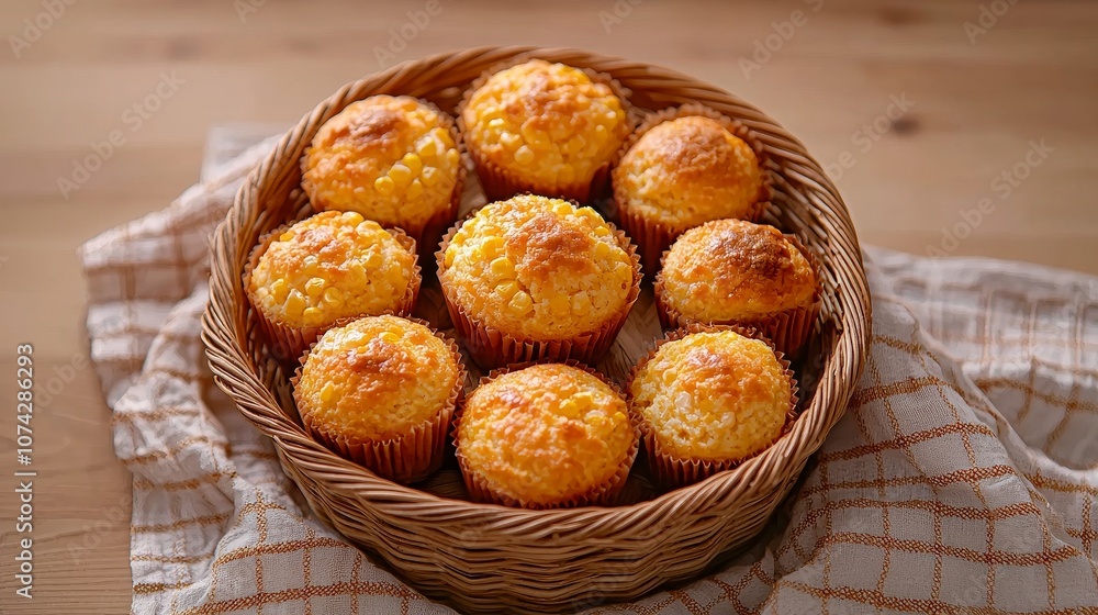 Top-down view of a wicker basket filled with golden corn muffins, rustic texture, soft natural lighting, subtle crumbs around, cozy country kitchen vibes Top-down view of a wicker basket filled with golden corn muffins, rustic texture, soft natural lighting, subtle crumbs around, cozy country kitchen vibes