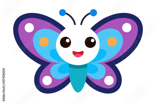 A cute butterfly die-cut sticker, digital drawing. The butterfly has a cheerful expression, with large round eyes and a small smile. The wings are vibrant with colorful patterns in shades of blue, pur