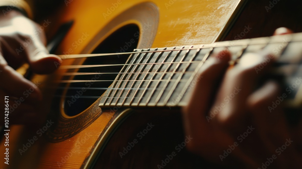 Fototapeta premium Close-up of a Musician Playing an Acoustic Guitar