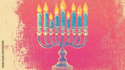 Retro illustration of a decorative Menorah with vibrant candles