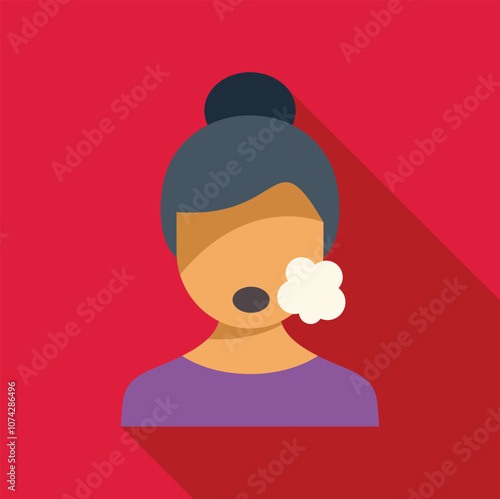 Young woman holding cheek suffering from toothache pain, minimalist flat design icon with long shadow on red background