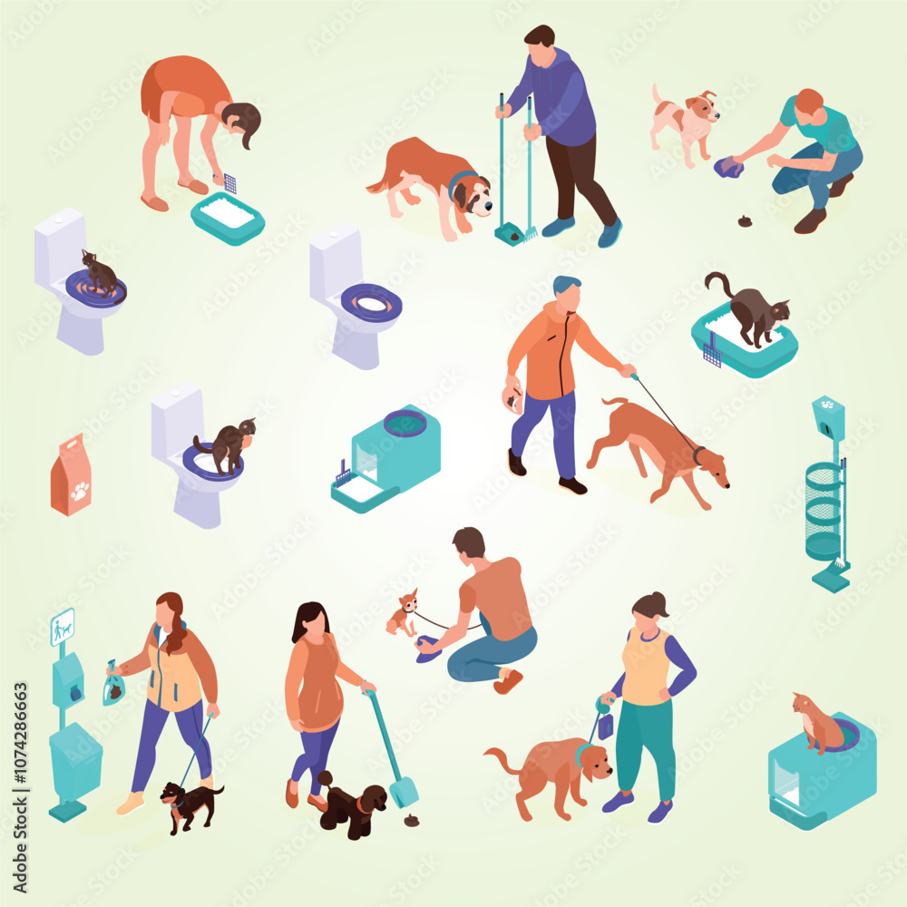 People cleaning pets poop set with walk symbols isometric isolated vector illustration People cleaning pets poop set with walk symbols isometric isolated vector illustration