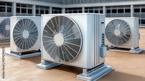 Close-up of industrial air conditioner compressor, rooftop scene, rustproof metal against brown cement, technology for cooling large spaces