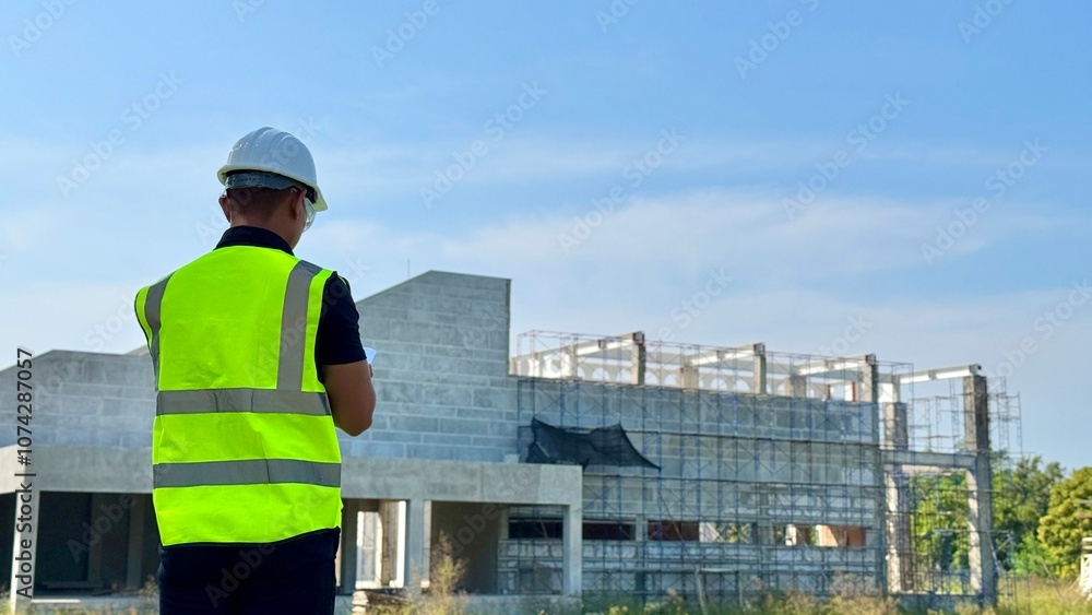 Expert engineer is planning to seriously inspect the structure and safety of the building. Expert engineer is planning to seriously inspect the structure and safety of the building.