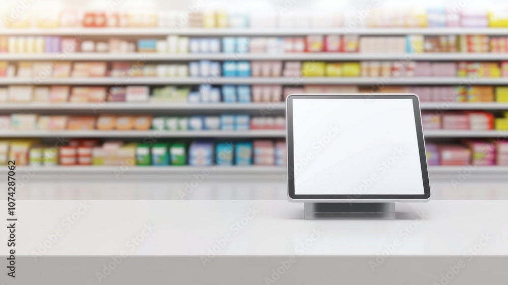 Modern checkout area in a store with empty display screen. Modern checkout area in a store with empty display screen.