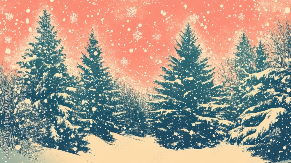 Obraz premium Retro illustration of a winter landscape snow covered trees with falling snowflakes