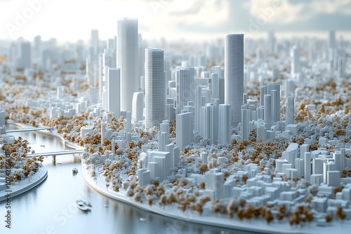 A highly detailed 3D model of a cityscape in pristine white, featuring buildings, streets, and infrastructure with intricate precision, creating a modern and minimalistic urban design without textures photo