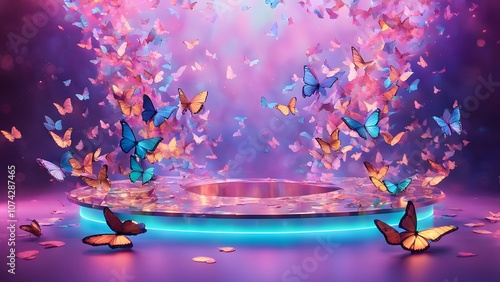 A vibrant podium surrounded by floating holographic butterflies with iridescent wings, Ai Generated photo