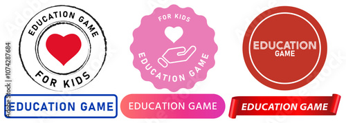Education game study kids learning pre-school curriculum learn method stamp colorful badge emblem sticker children activity label design icon set collection