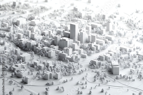 A highly detailed 3D model of a cityscape in pristine white, featuring buildings, streets, and infrastructure with intricate precision, creating a modern and minimalistic urban design without textures photo