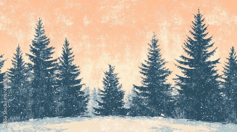Obraz premium Retro coloring page of a coniferous forest blanketed in fresh snow